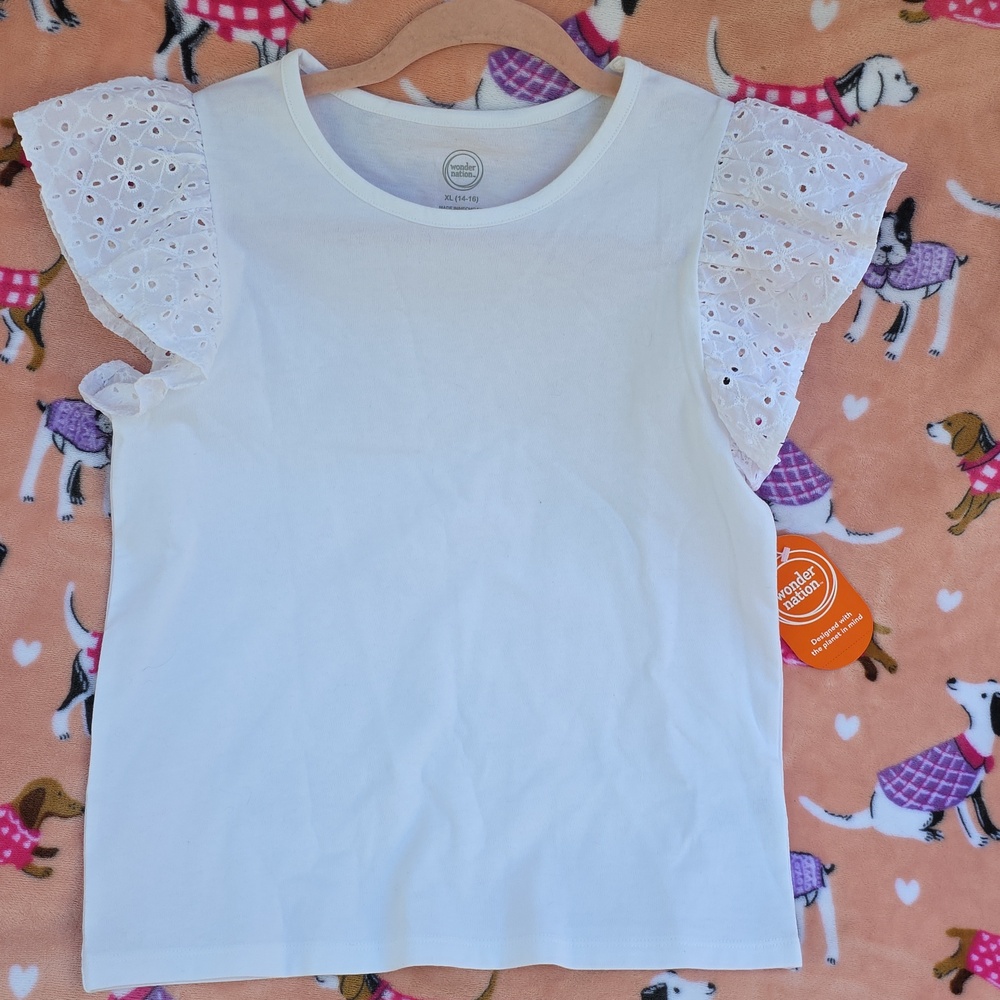 White Eyelet Sleeve Ruffle Tee - Picture 11 of 16